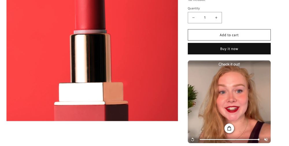 Lipstic video promotion on TIkTok integrated into a product page using Vidjet - Shoppable Video Shopify product video app
