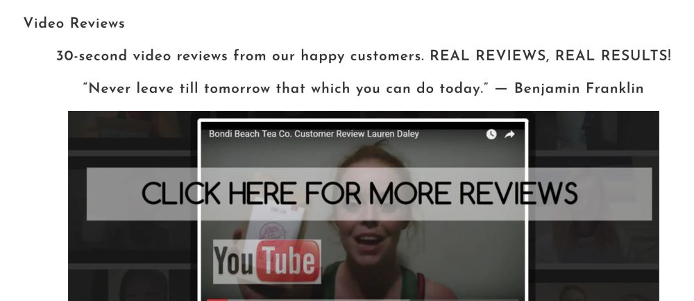 Short testimonial on YouTube with CTA to view more reviews implemented using YouTube + Vimeo Video Gallery
