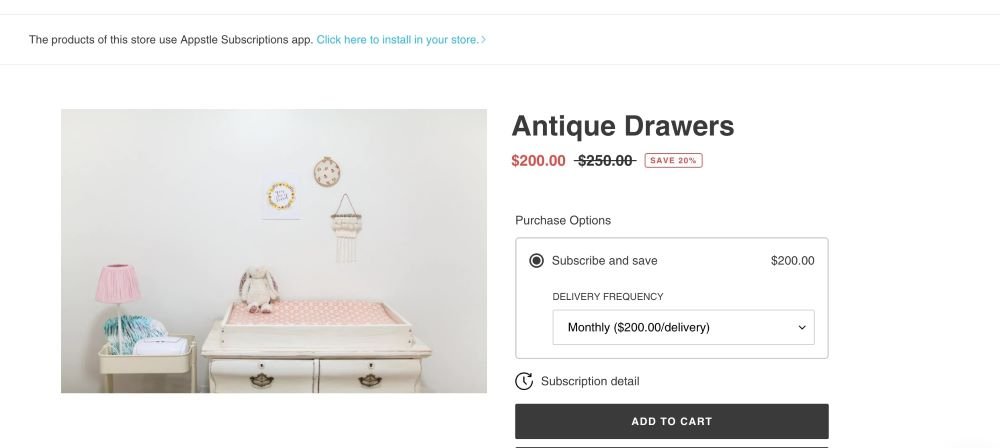 Antique drawers product page with subscription widget powered by Appstle