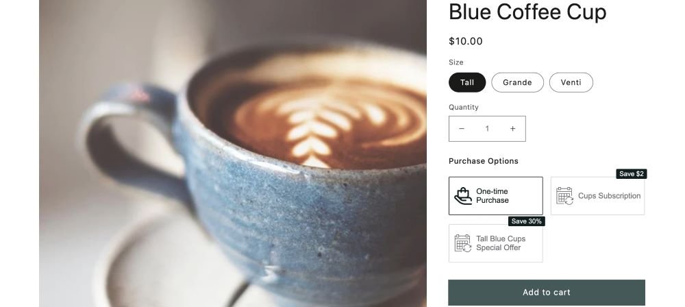 Blue coffee cup product page with one-time purchase and two different subscription tiers created using Subscriptions Recurring Orders Shopify app