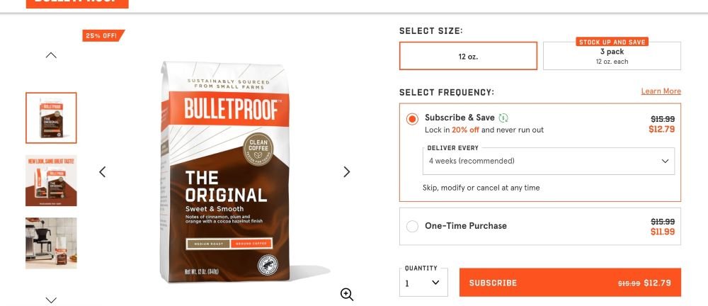 Bulletproof coffee product page with Skio's subscription widget including 20% discount