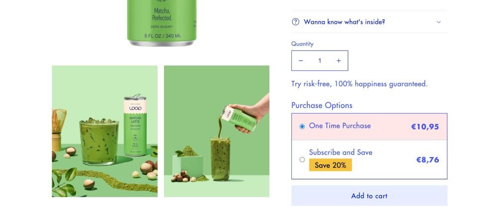 Matcha tea product page demo with one time purchase and discounted subscription option generated by Subscriptions by Loop