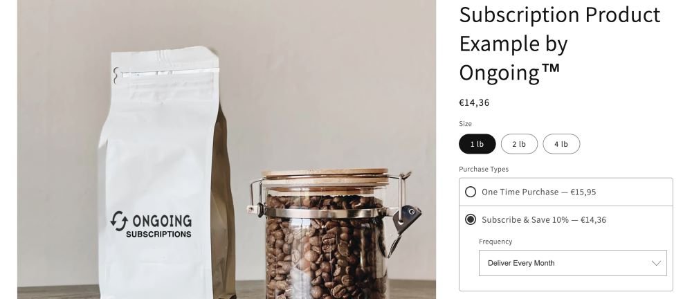 Demo page of coffee beans with Ongoing Subscriptions widget that includes subscription discount and delivery frequency selection