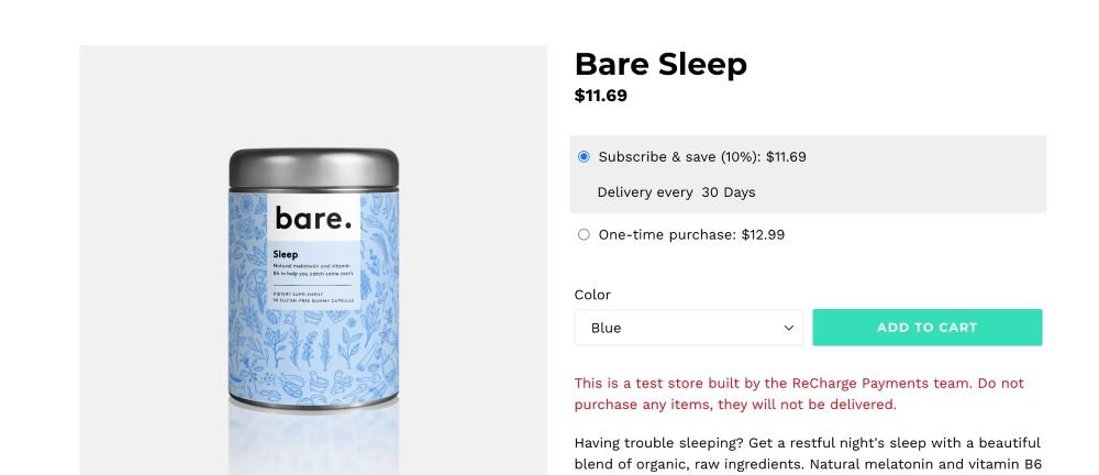 Bare sleep supplement demo product page with 30-day subscription block generated by Recharge Subscriptions app.
