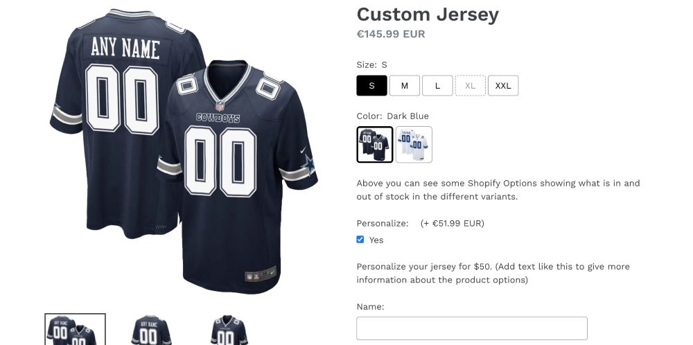 Customizable black jersey product page featuring size, color and personalized text box selection created with Variant Option Product Options app