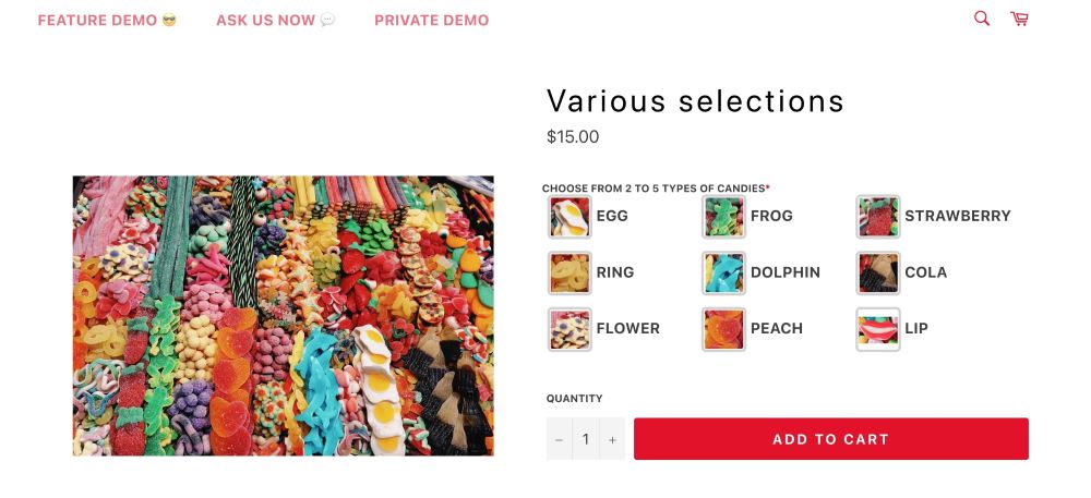 Build-a-box candy selection product page created with AvisPlus Shopify product customization app