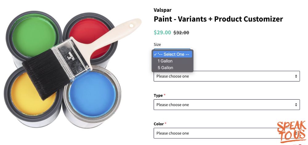 Product page of paint in 4 different colors created with Product Options and Customizer