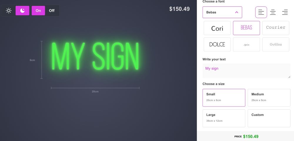 Neon Sign product design software UI with green neon letters and product customization options on the right
