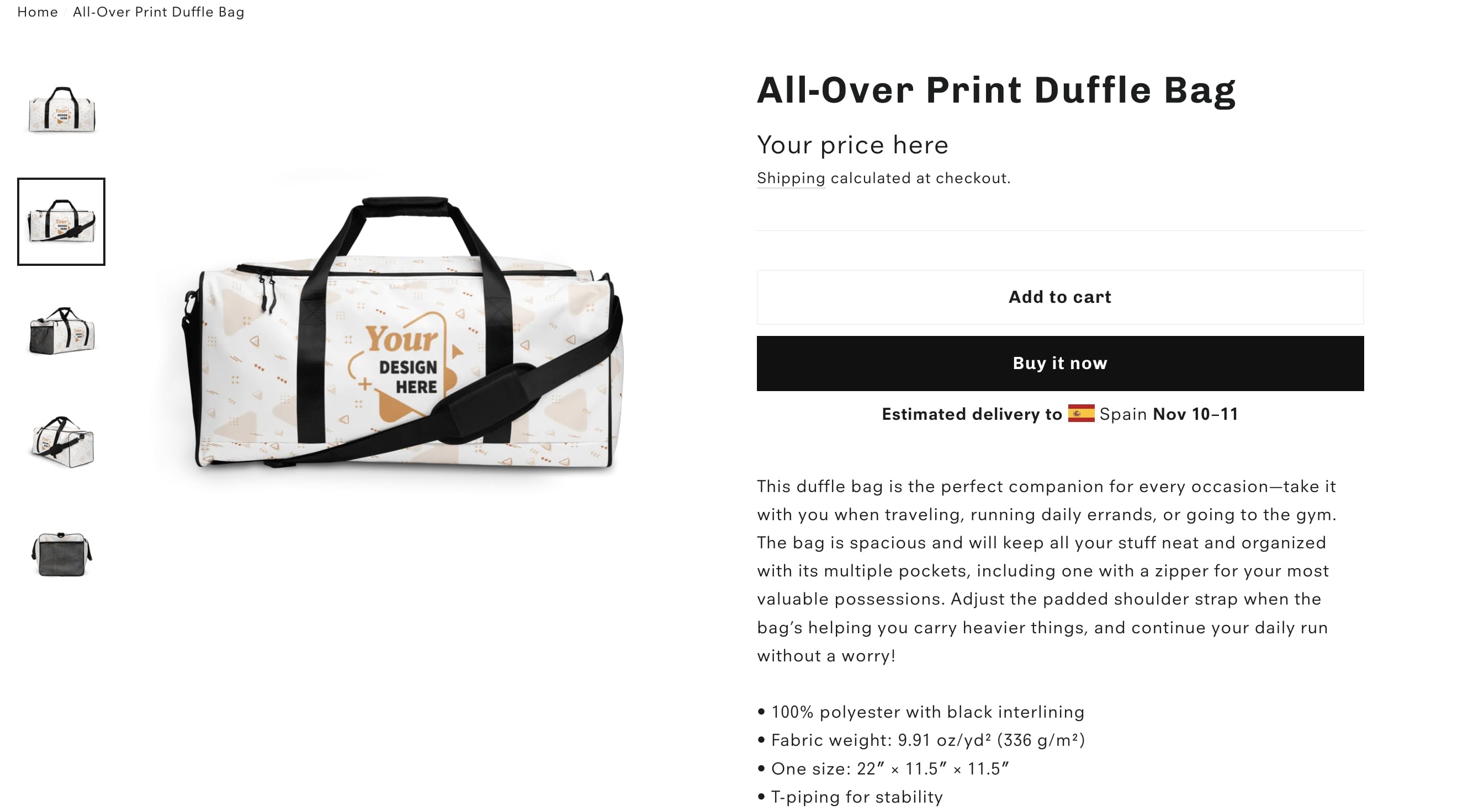 Printful Shopify POD app duffle bag product page
