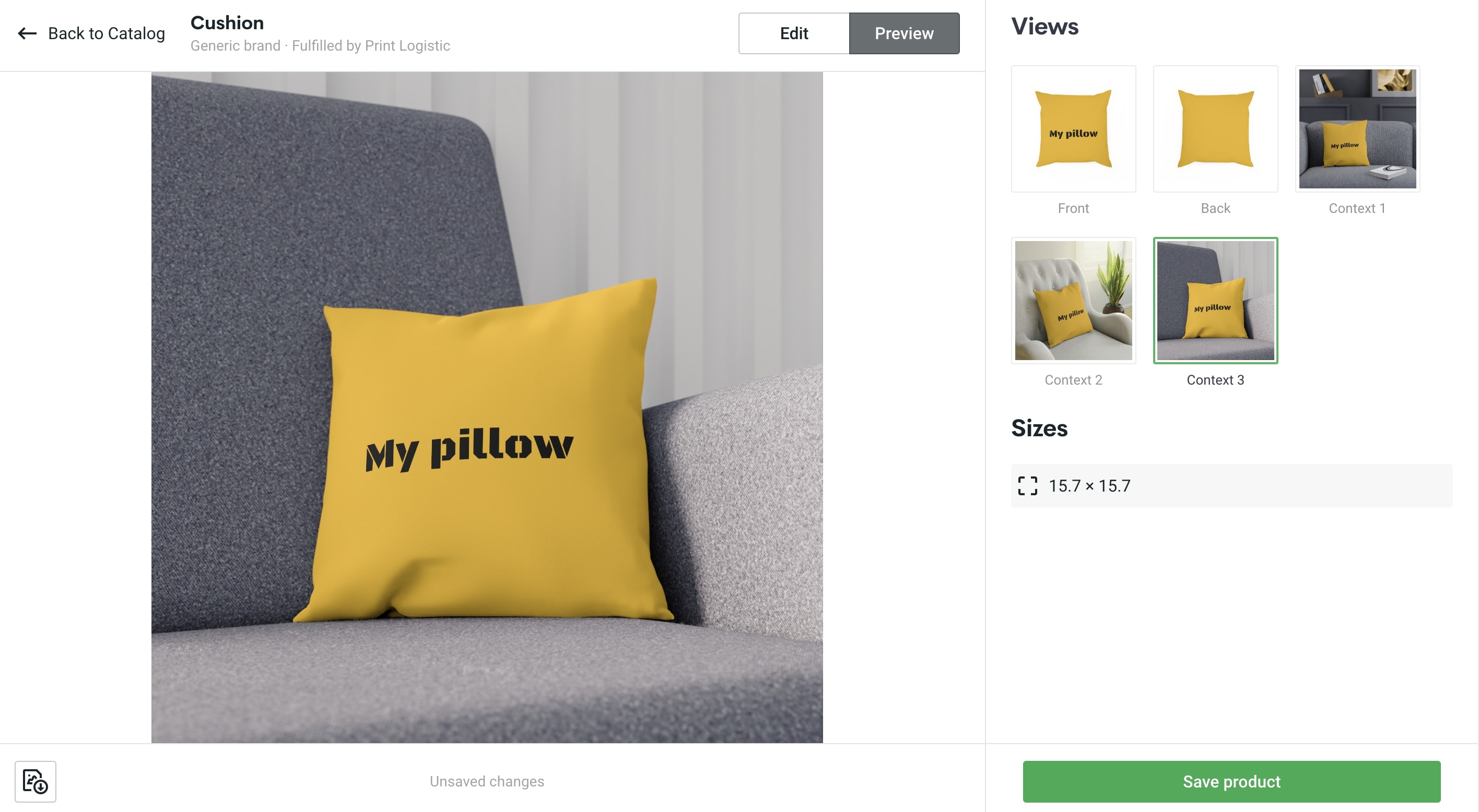 Yellow pillow designed with Printify POD app preview in real life
