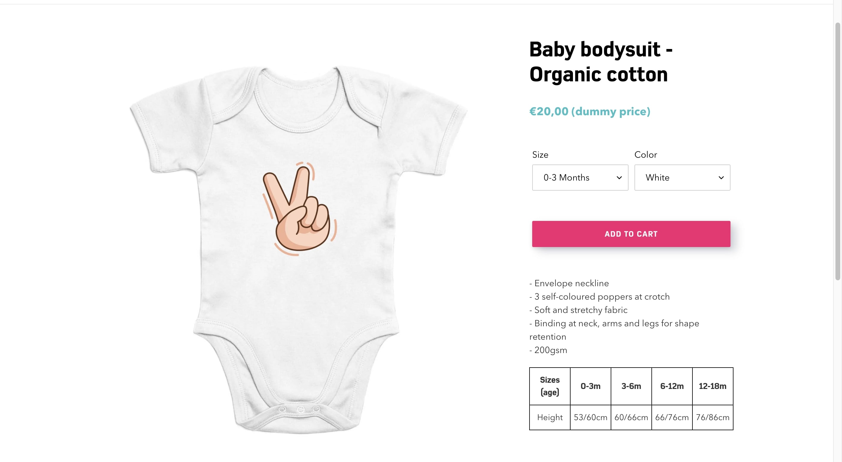 Baby bodysuit product page with POD peace sign created with TPOP Shopify POD app