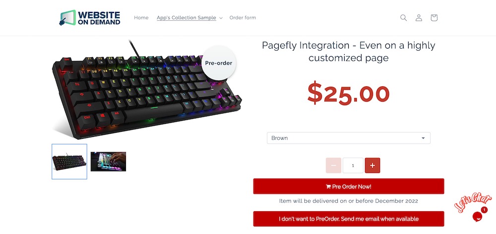 preorder now wod shopify app demo store