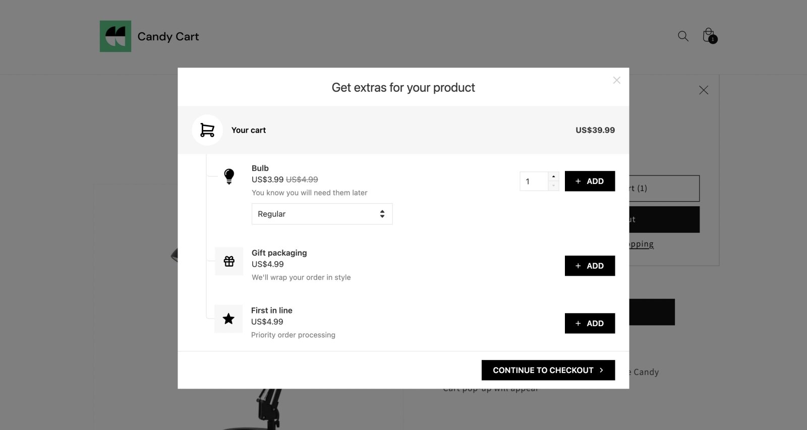 In Cart pop up upsell widget