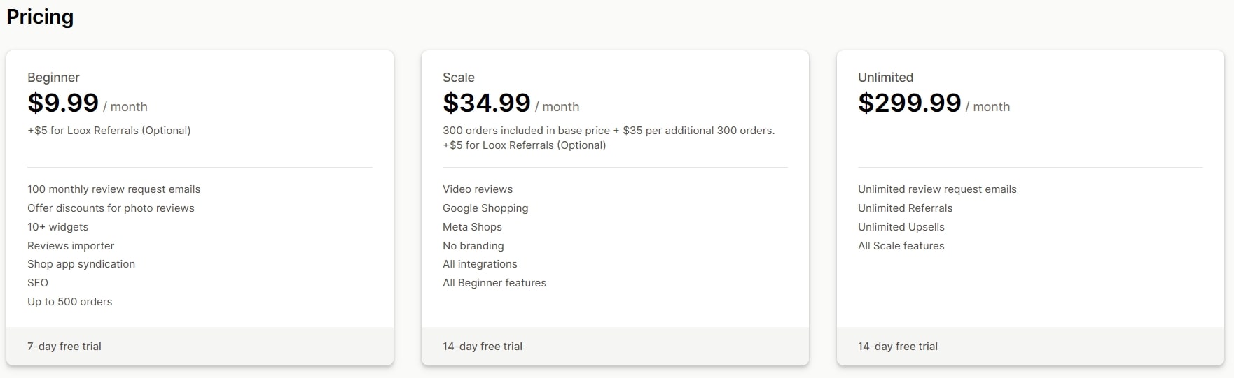 Loox review app plans and prices