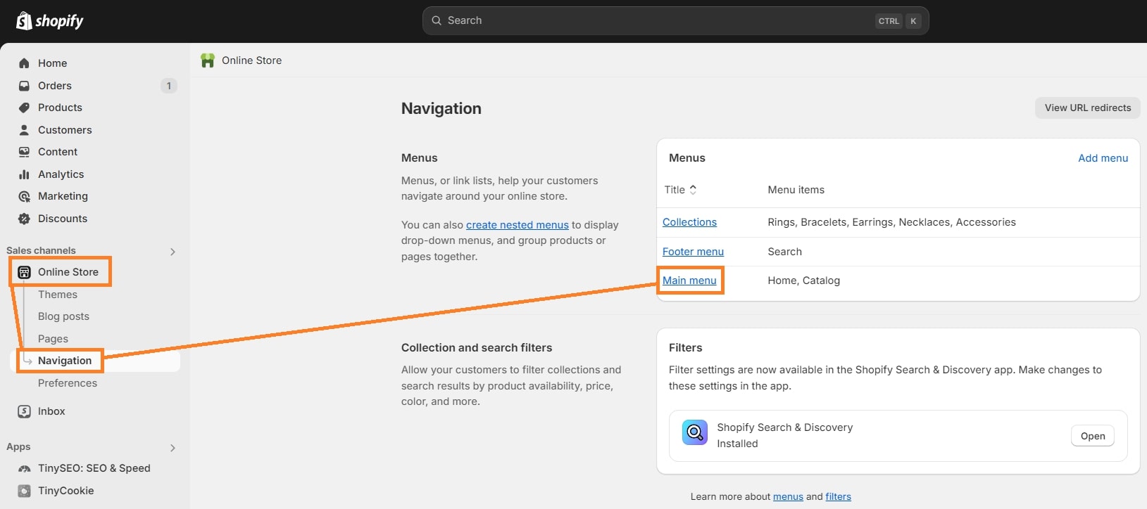 Add Main menu item to Shopify