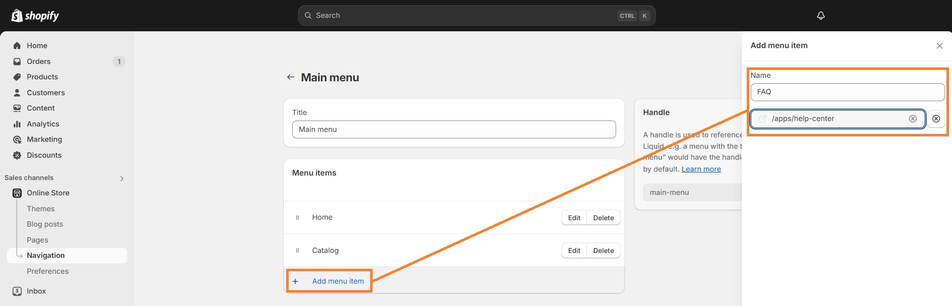 Add FAQ menu item on Shopify