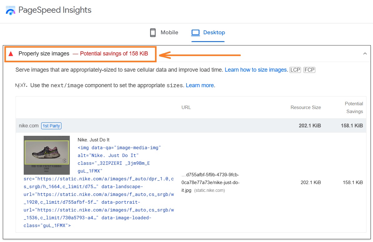 Oversized image PageSpeed Insights results