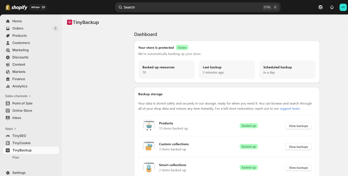 TinyBackup interface on Shopify