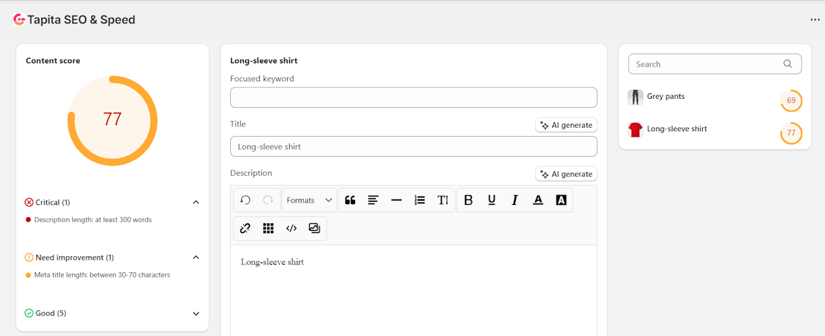 Tapita content optimization feature