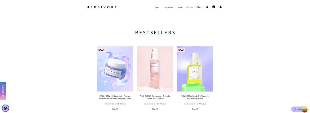 startup shopify theme used by herbivore vegan skincare store