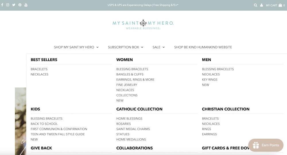 mysaintmyhero store using a testament shopify theme