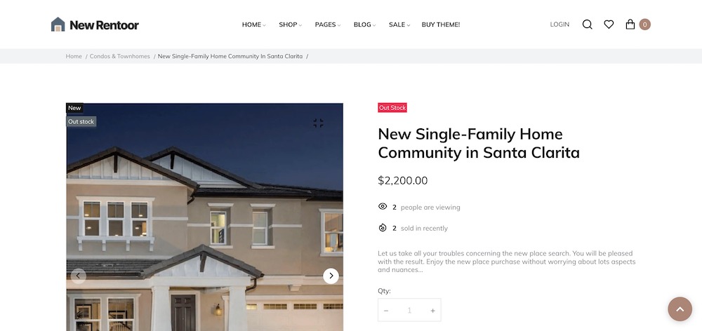 rentoor shopify real estate theme product page