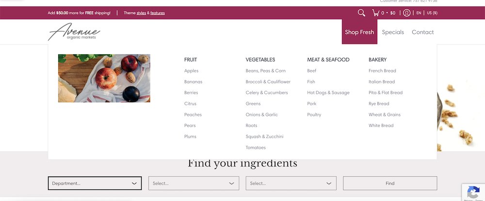 avenue shopify theme mega menu example