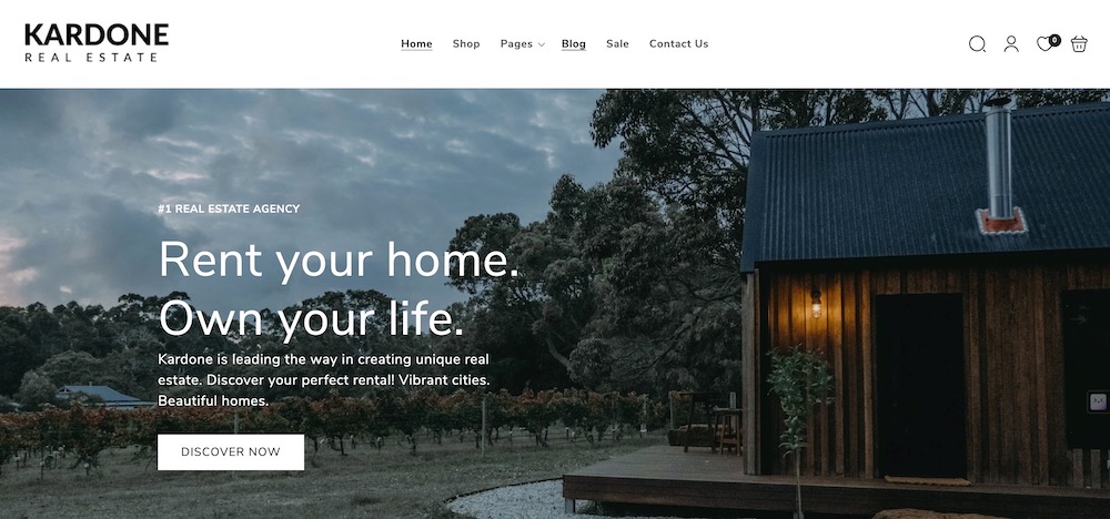 Homepage of the Kardone Shopify theme for real estate websites