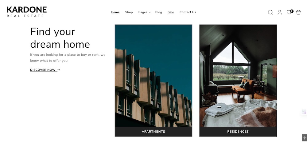 Demo version of the Kardone Shopify theme for real estate websites