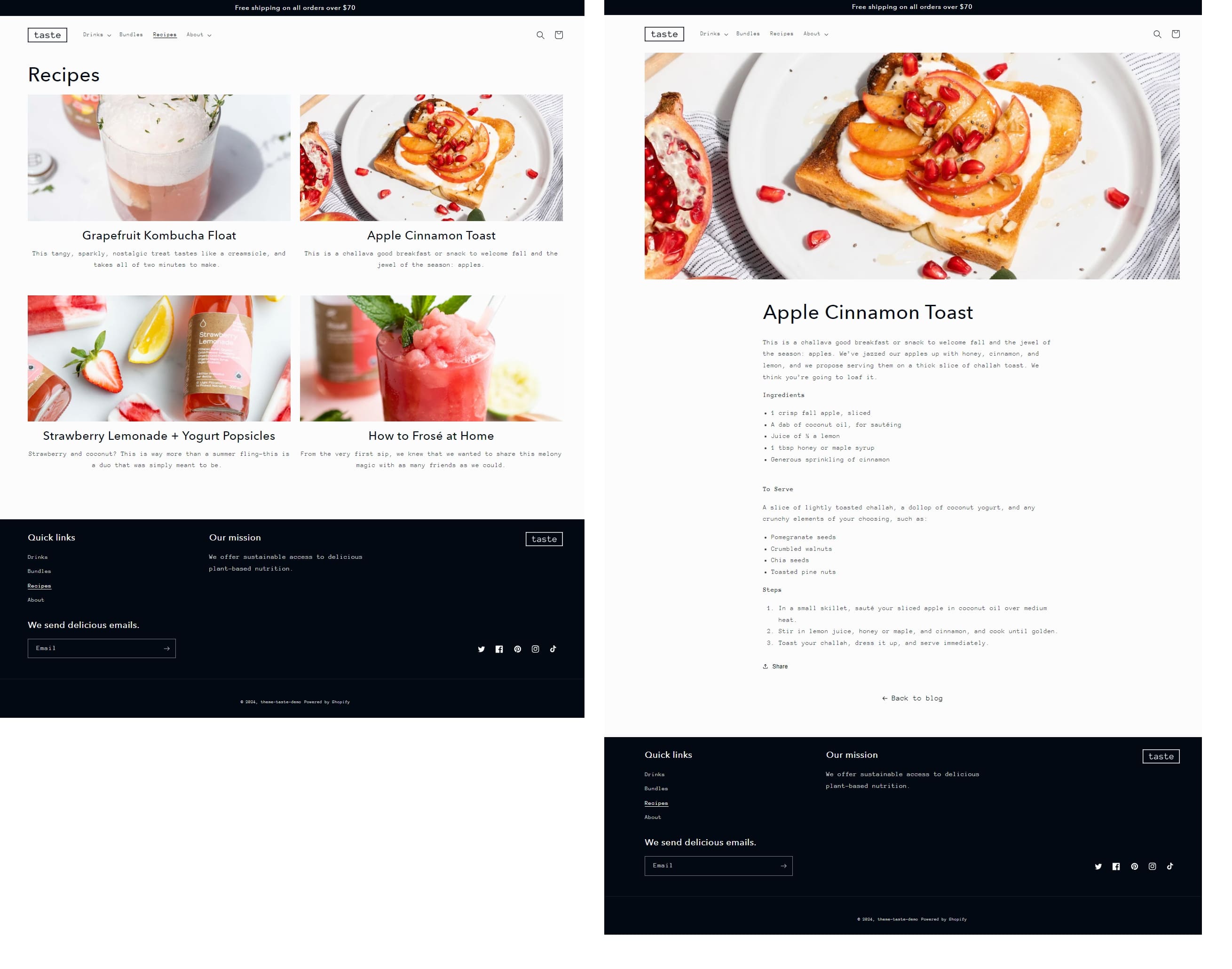 Taste free Shopify theme blog landing page and blog post example