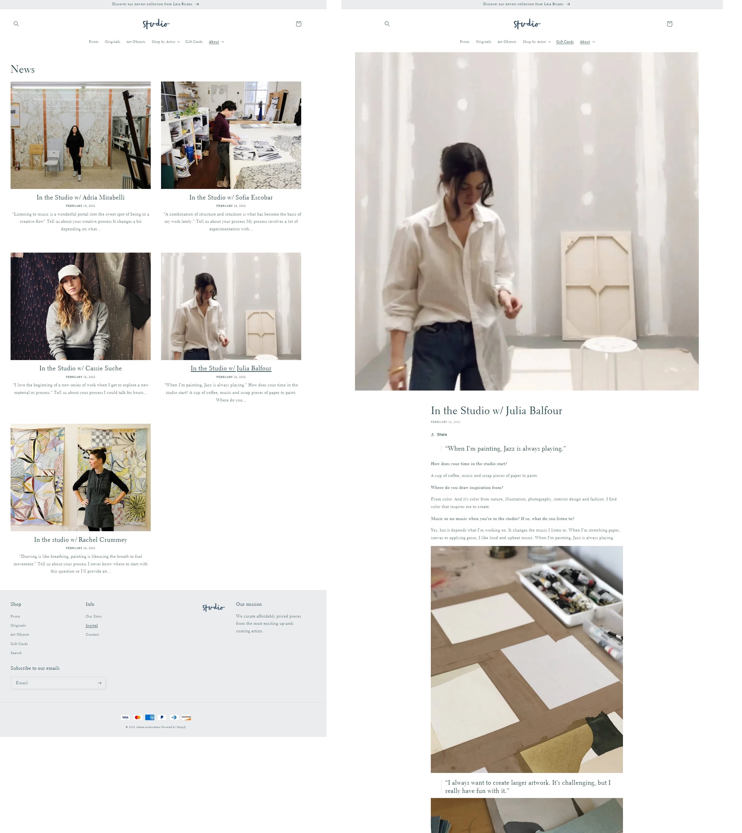 Studio free Shopify theme blog landing page and blog post example