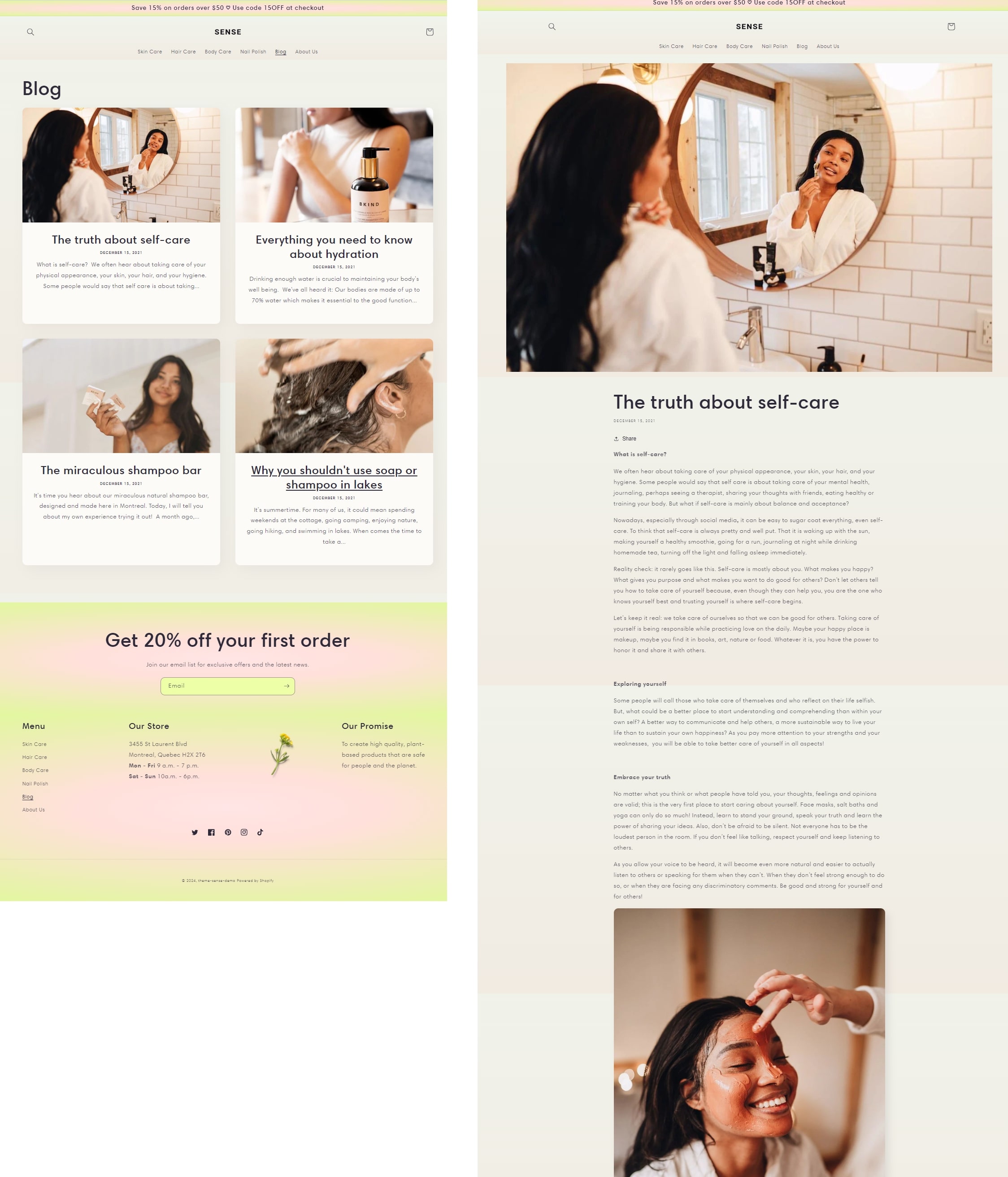 Sense free Shopify theme blog landing page and blog post example