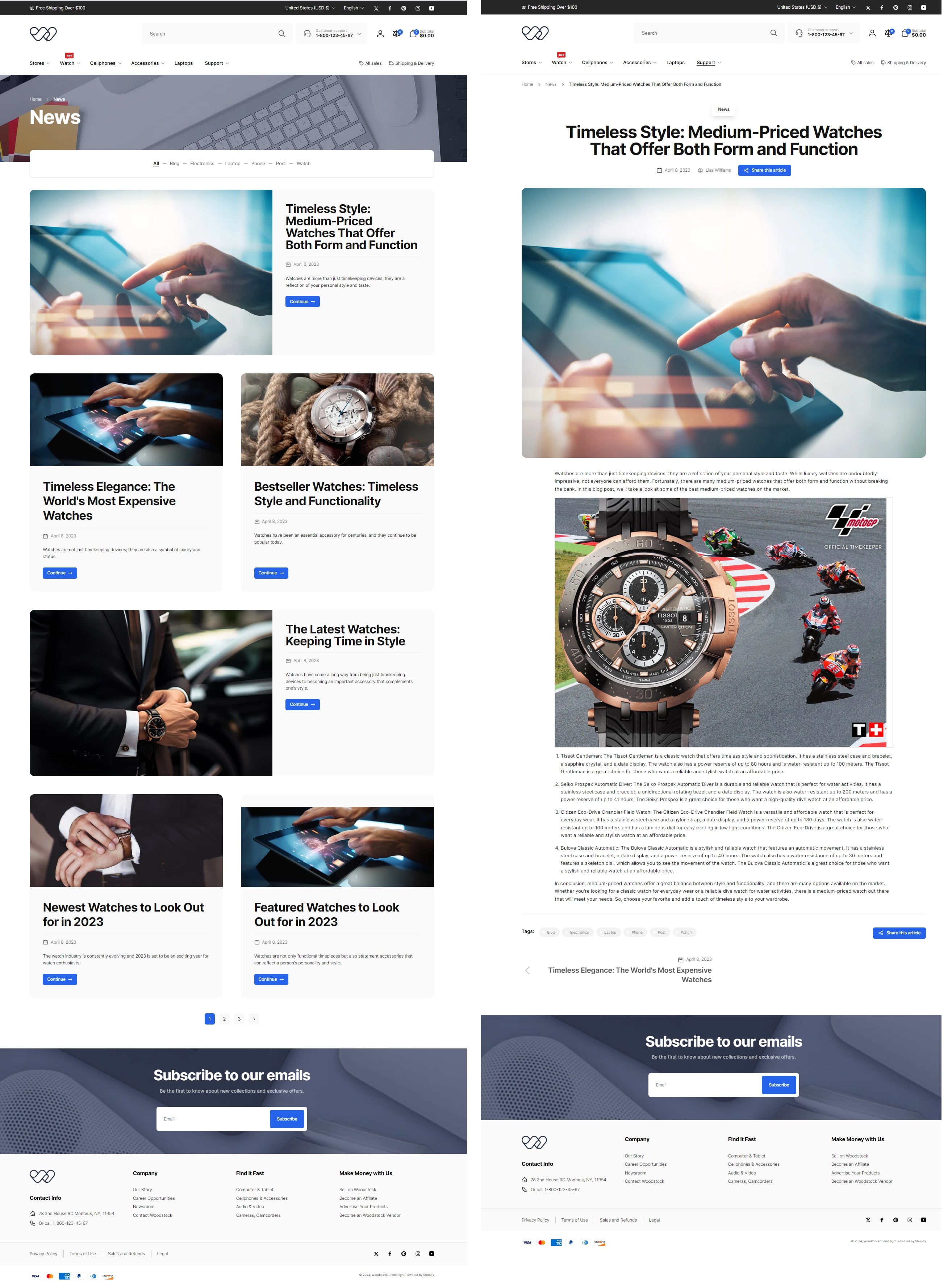 Woodstock Shopify theme blog landing page and blog post example