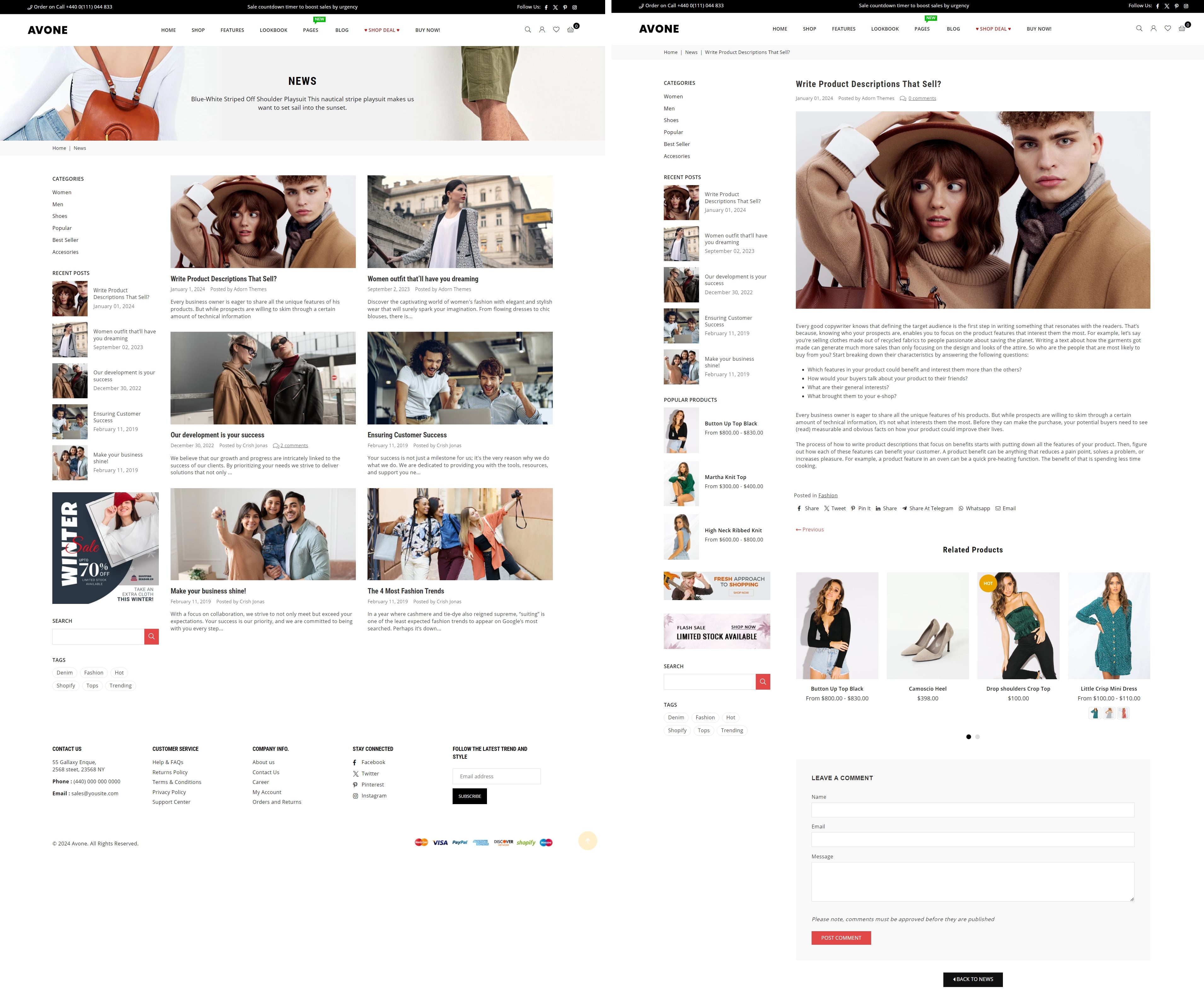 Avone Shopify theme blog landing page and blog post example
