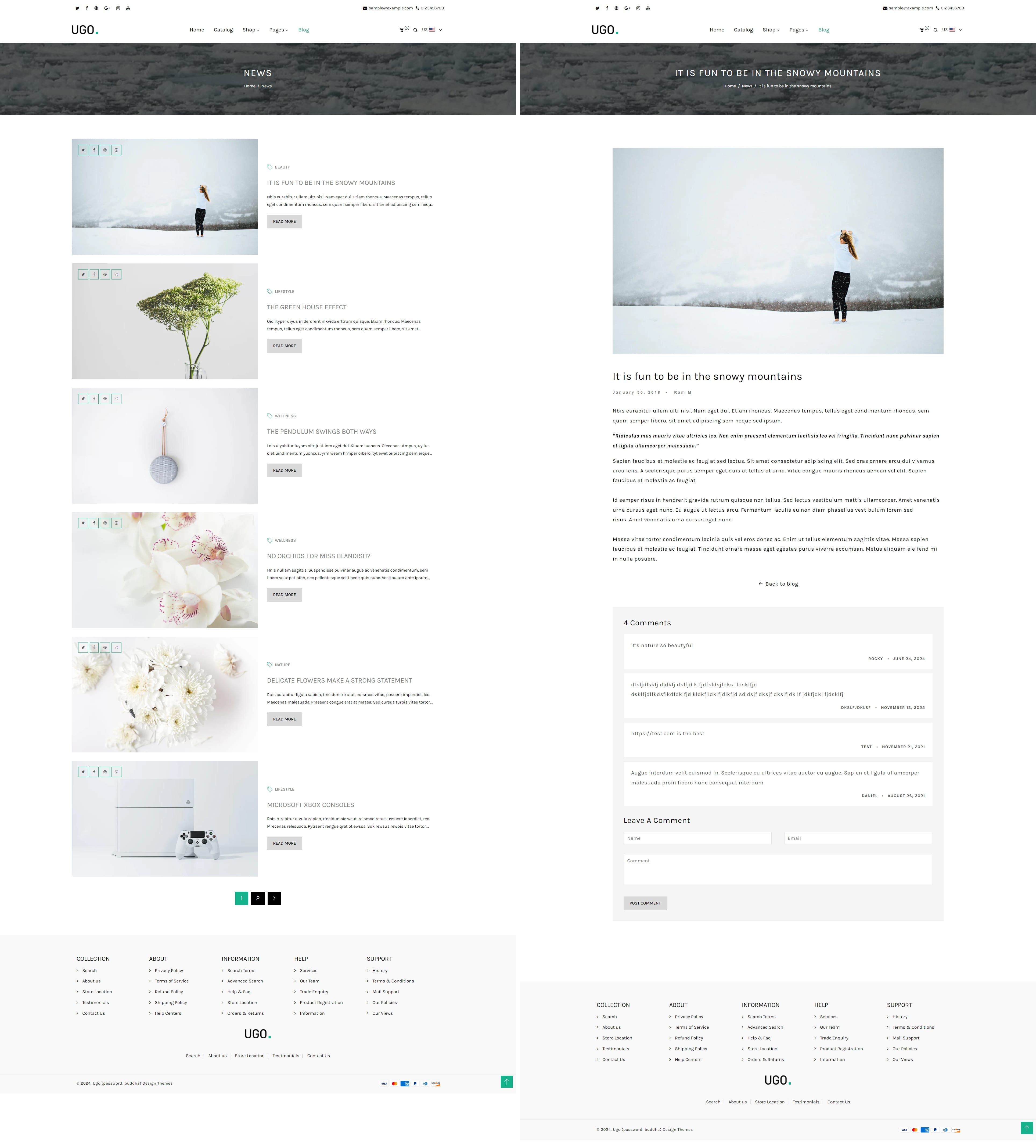Ugo Shopify theme blog landing page and blog post example