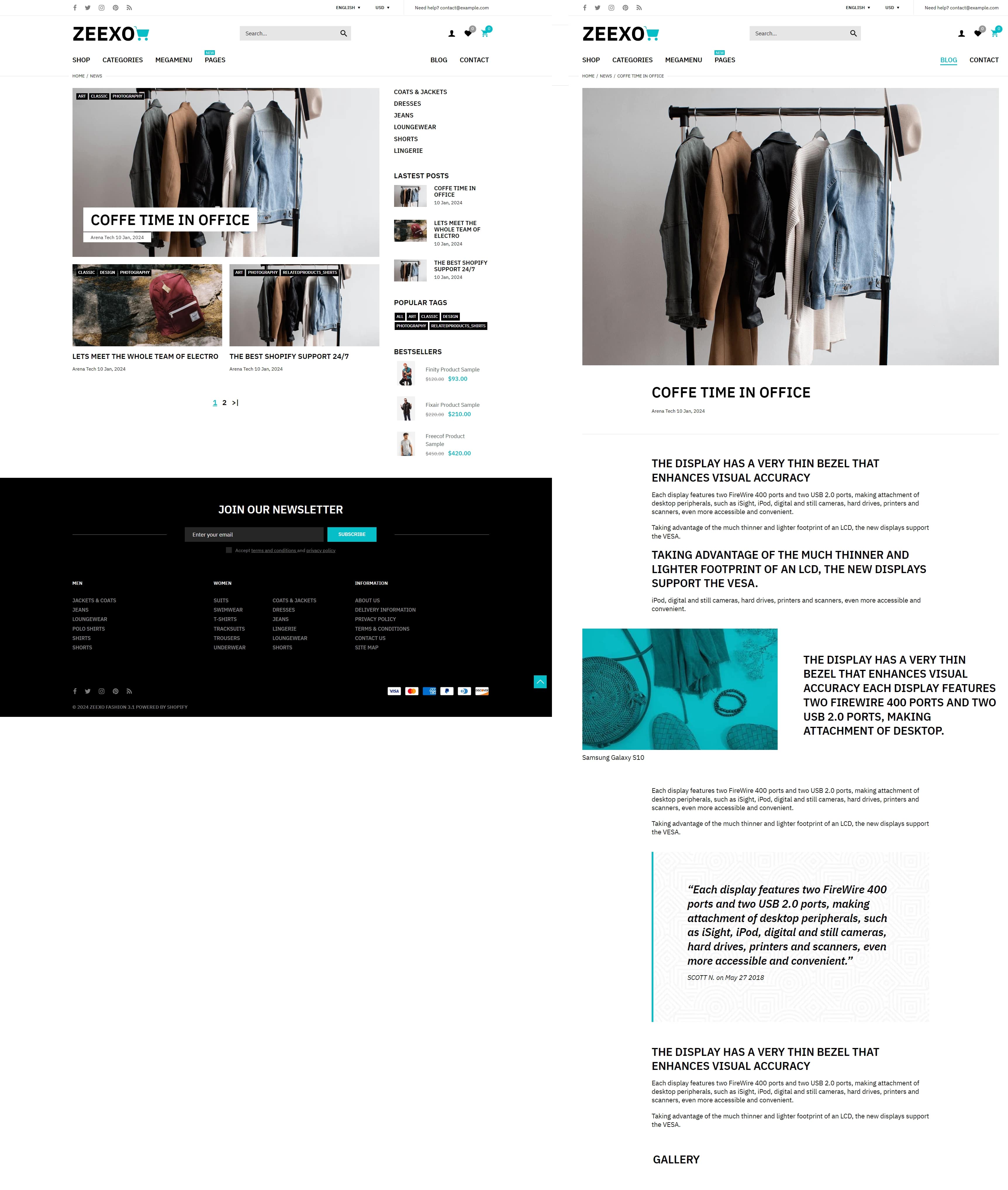 Zeexo Shopify theme blog landing page and blog post example