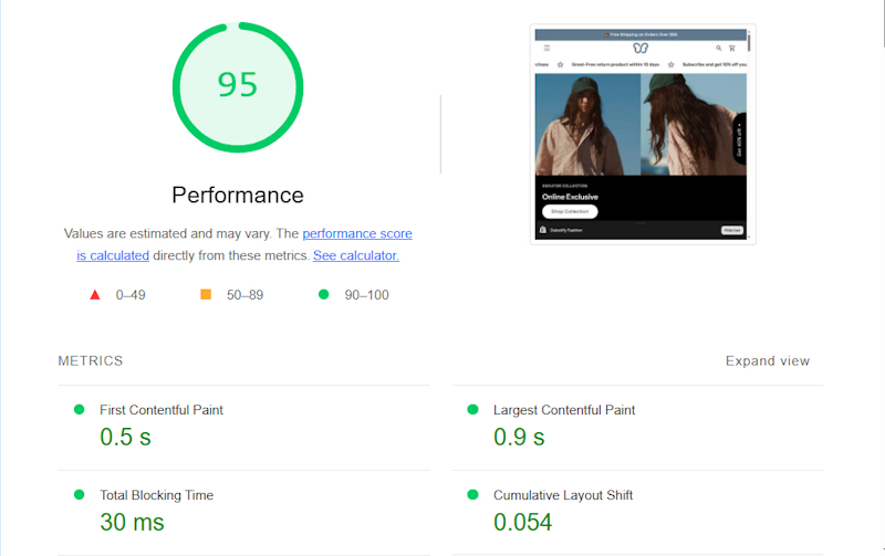 Debutify theme Google Lighthouse results
