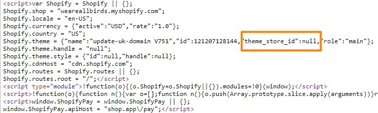 example of null theme id for a Shopify store with a custom theme