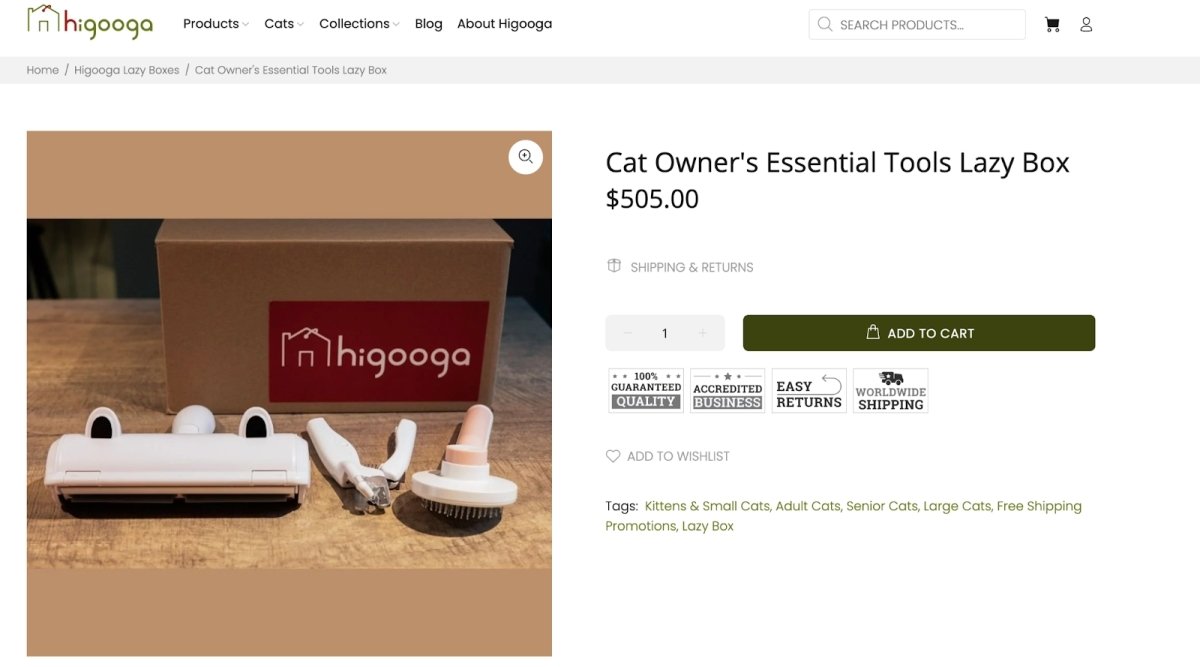 Higooga's homepage menu with four sections for different types of cats