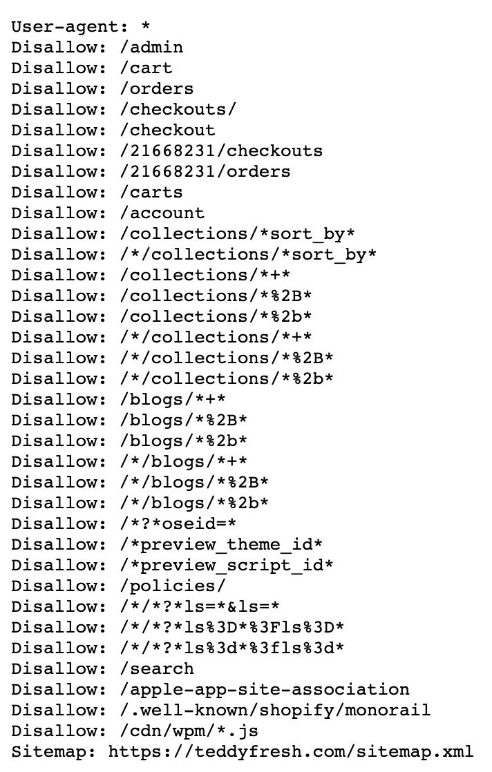 robots.txt file example in a Shopify store