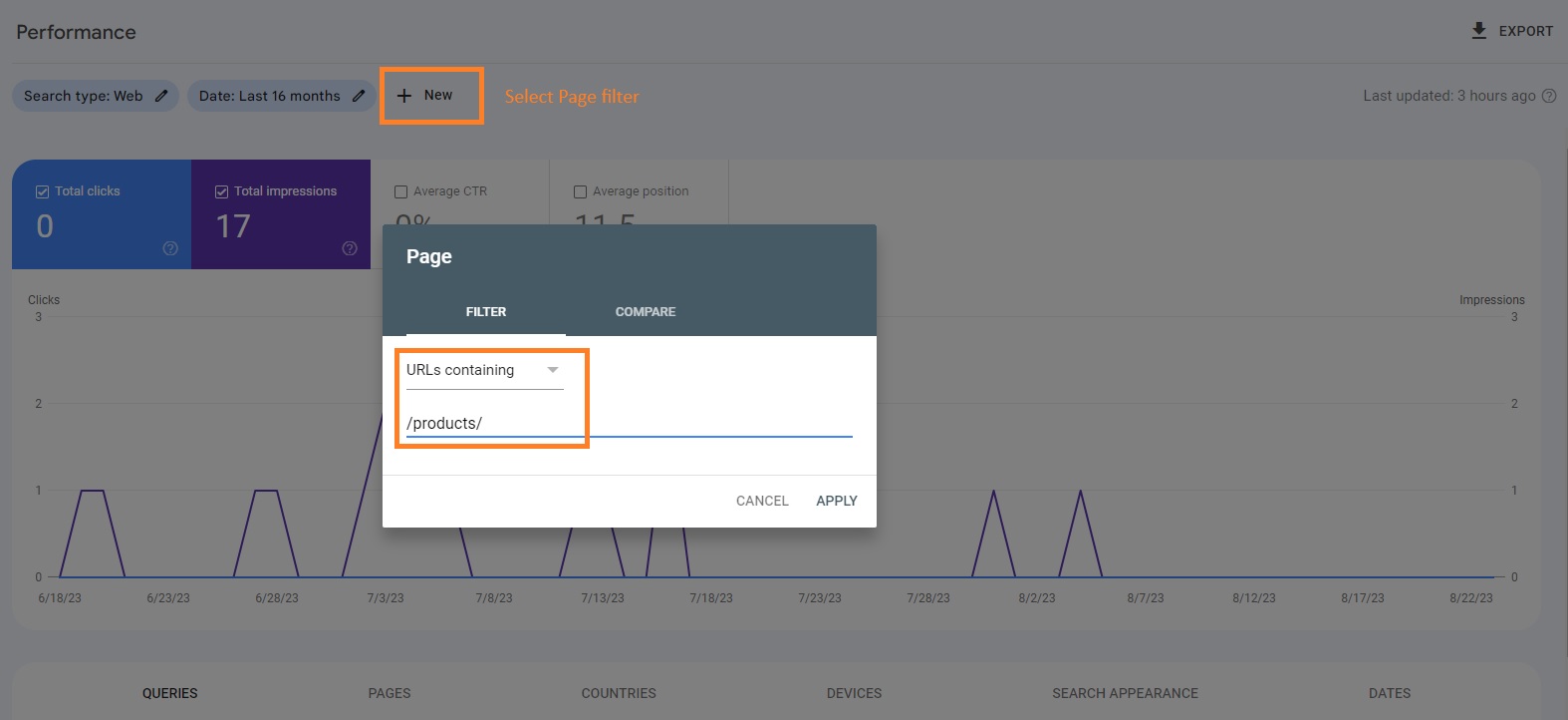 adding a page filter in GSC to see report only for product pages