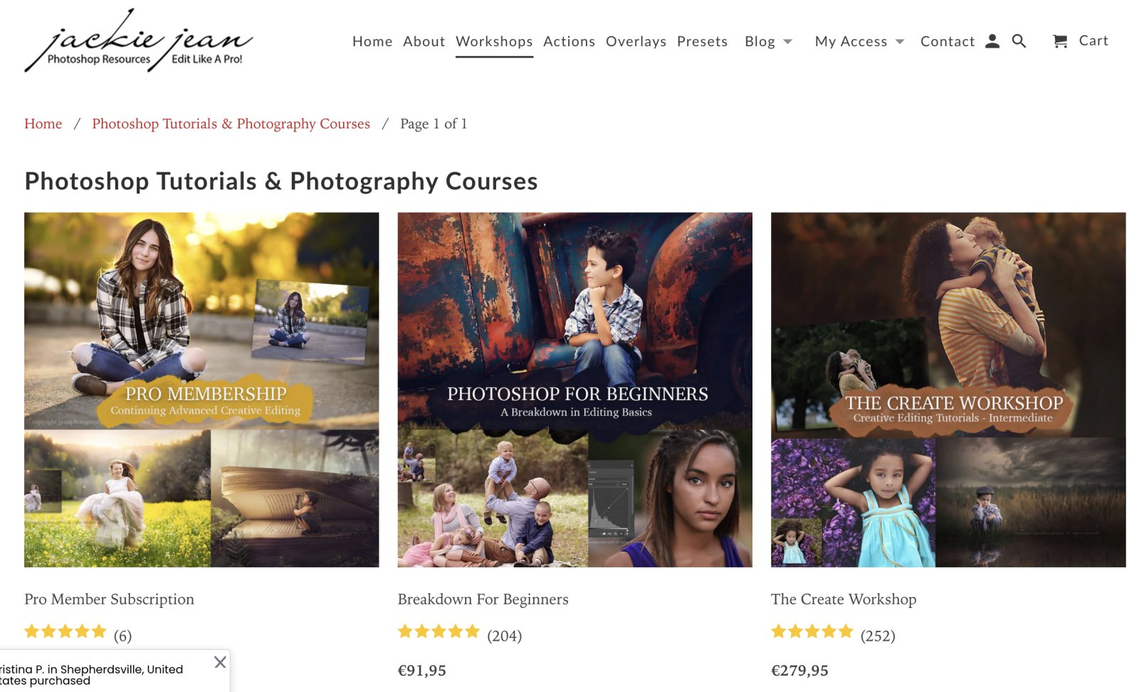 Shopify photography website Jackie Jean Photoshop resources
