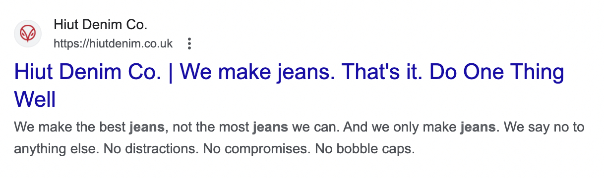 Hiut Denim Co. Shopify store's meta data for their homepage