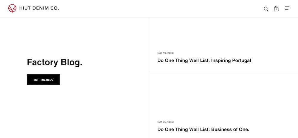 Hiut Denim Shopify store homepage links to featured blog posts