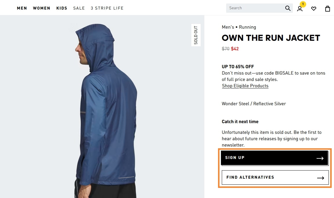 Out of stock product page optimization example