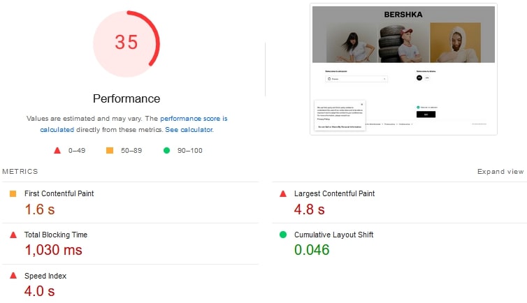 Bershka PageSpeed Insights Performance Score