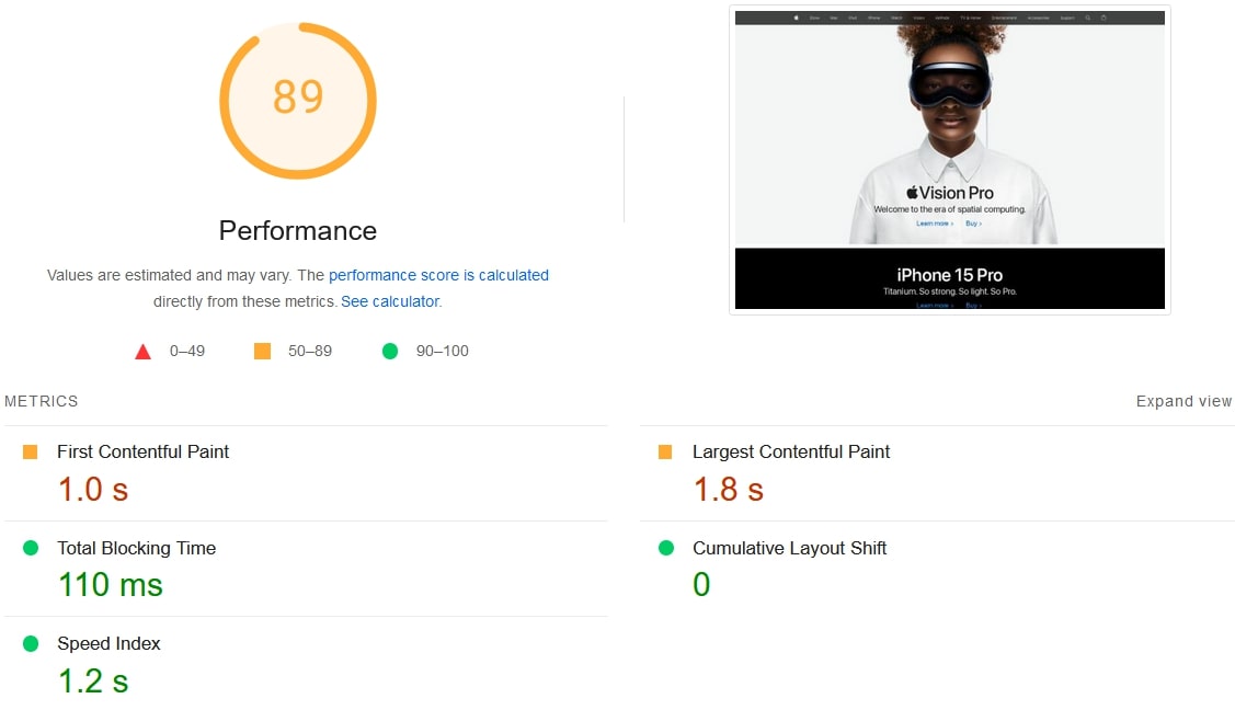 Apple PageSpeed Insights Performance Score
