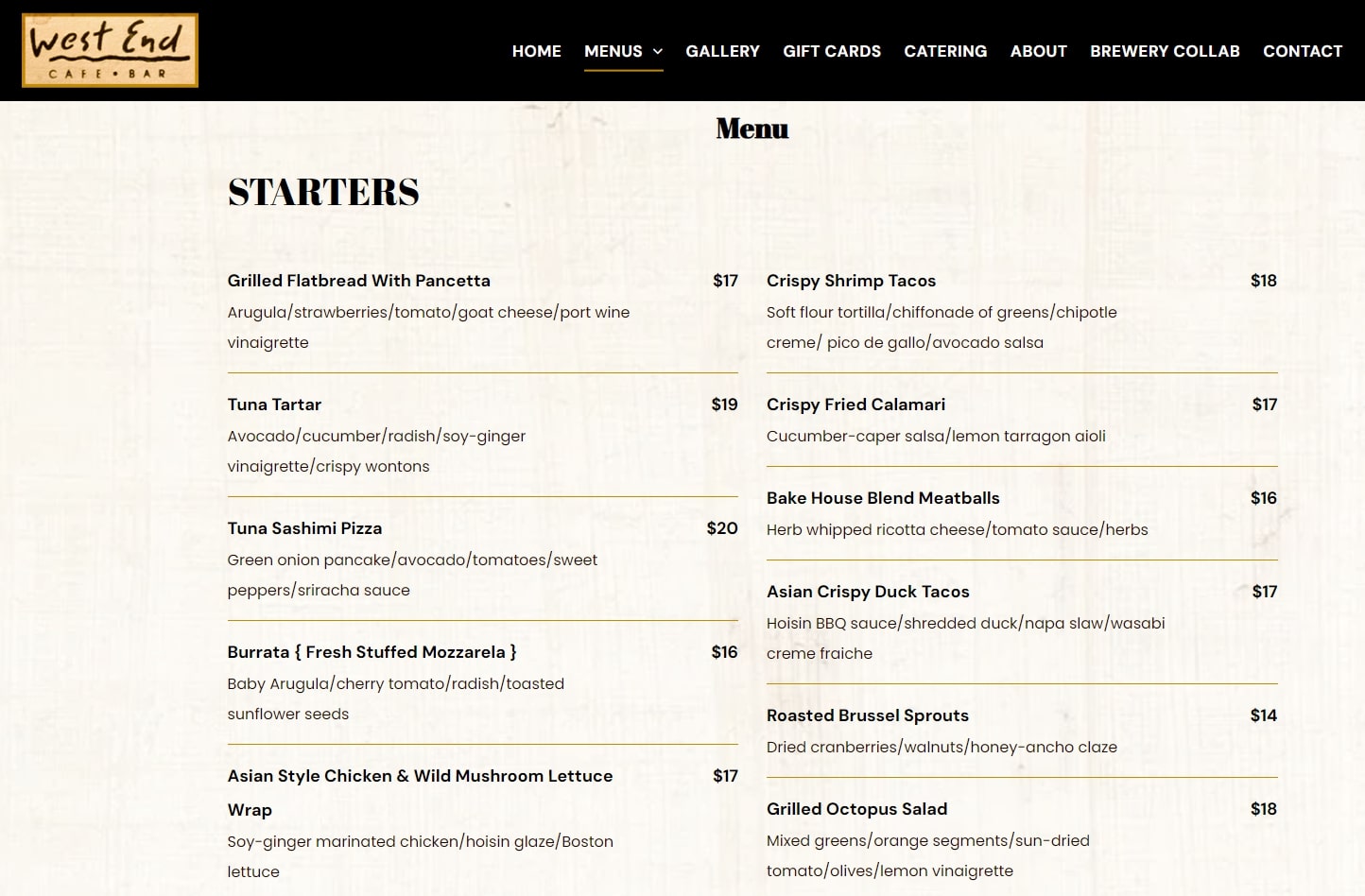 Menu page example of the West End restaurant