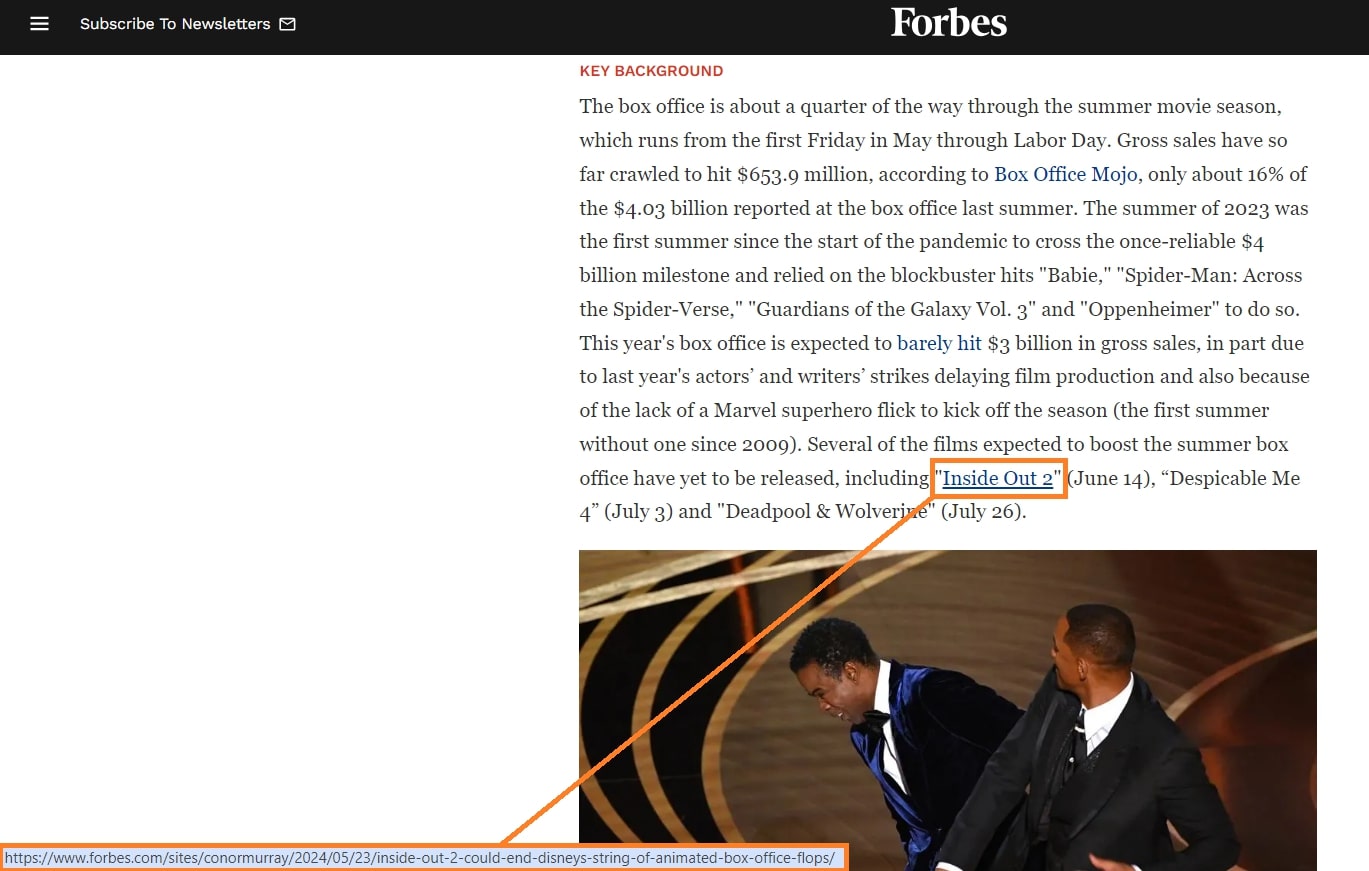 Example of internal linking on Forbes website