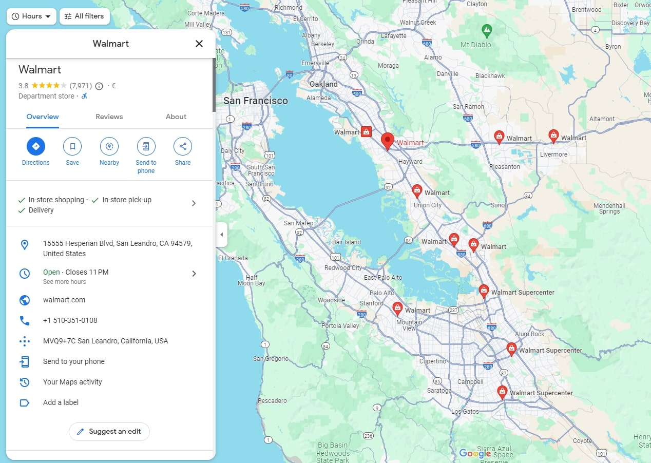 Walmart example of local SEO on Google Maps